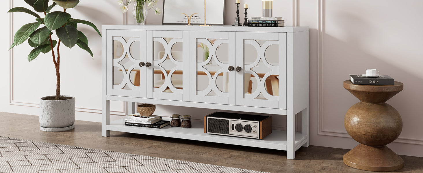 Elegant Retro Console Table Storage Cabinet Sideboard With Mirrored Doors, Spacious Shelves, And Durable Acacia Wood Legs Perfect For Living Room, Dining Room, Or Entryway Antique White Antique White Primary Living Space Solid Wood Mdf