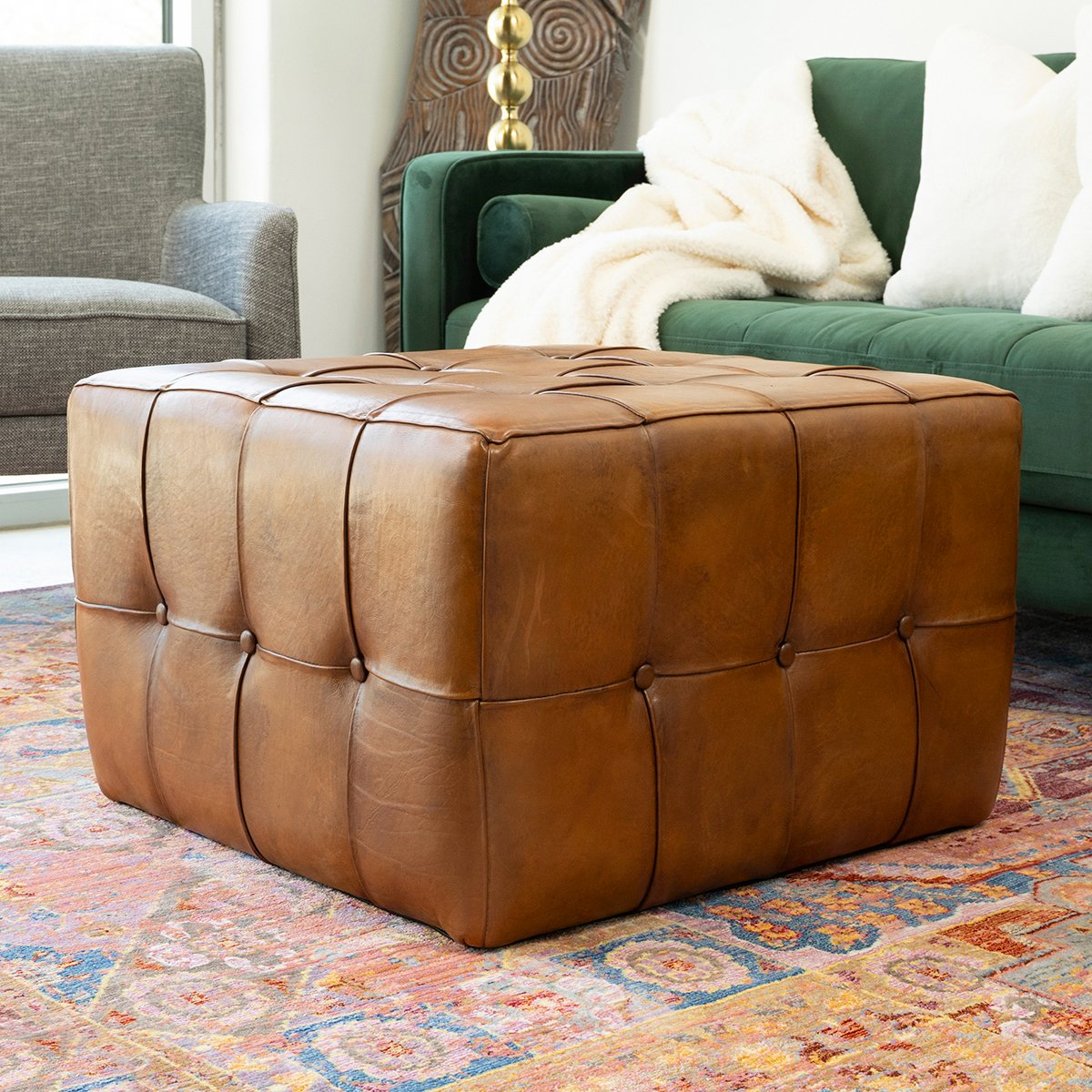 Benjiro Square Tan Leather Ottoman Brown Brown Genuine Leather Wood Solid Brown Mid Century Modern Rectangle Foam Tufted Genuine Leather,Solid Wood