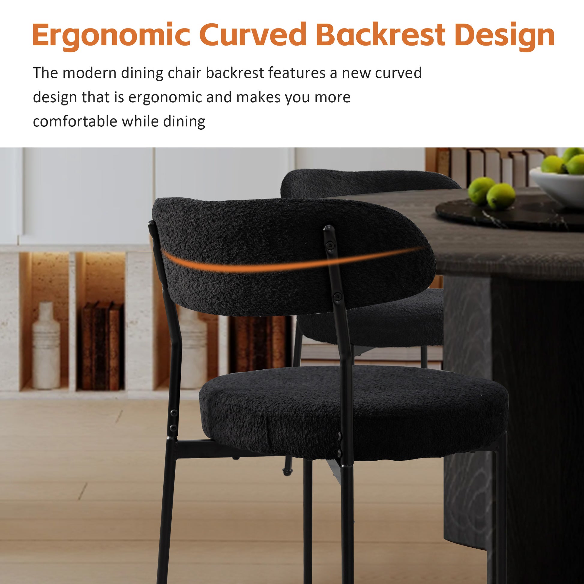 Boucle Upholstered Dining Chairs With Curved Backrest & Metal Legs Set Of 2, Black Metal Black Dining Room Foam Classic,Modern Dining Chairs Set Of 2 Fabric Metal