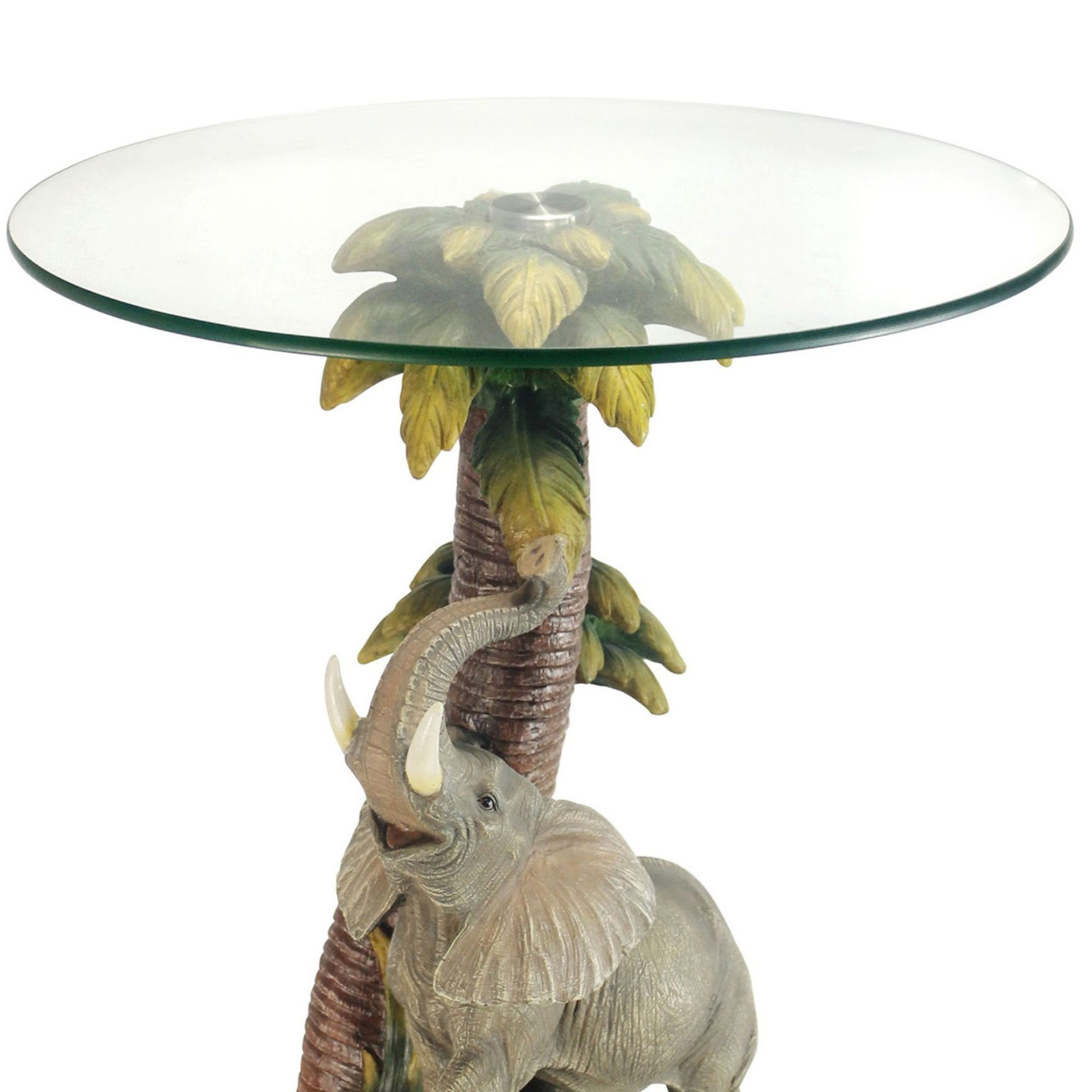 24" Tall Glass Top End Table, Polyresin Elephant Base Multicolor Polyresin