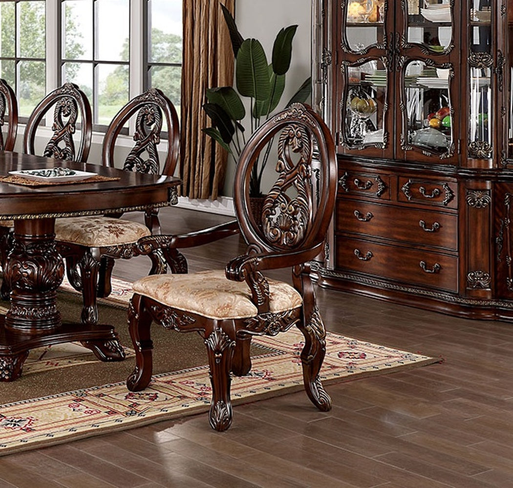 Traditional Brown Cherry 2Pcs Arm Chairs Tan Fabric Seats W Welt Faux Wood Carved Details Solid Wood Dining Room Furniture Brown,Tan Brown Dining Room Luxury,Traditional,Vintage Arm Chair Rubberwood