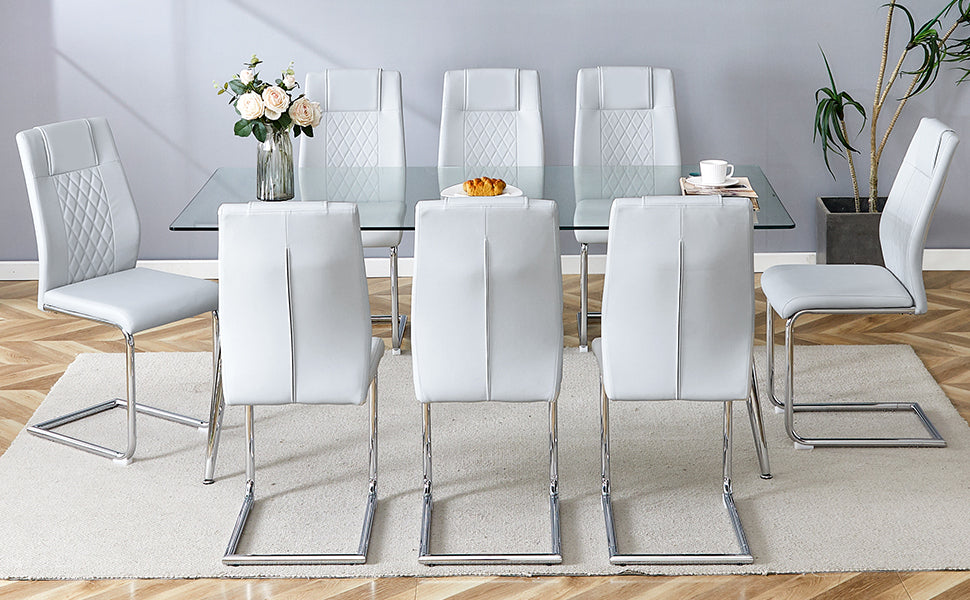 Table And Chair Set.Modern Rectangular Glass Dining Table With A Tempered Glass Tabletop And Silver Metal Legs, Paired With Multiple Chairs Designed With Pu Cushions And Silver Metal Legs. Gray Silver Seats 8 Tempered Glass