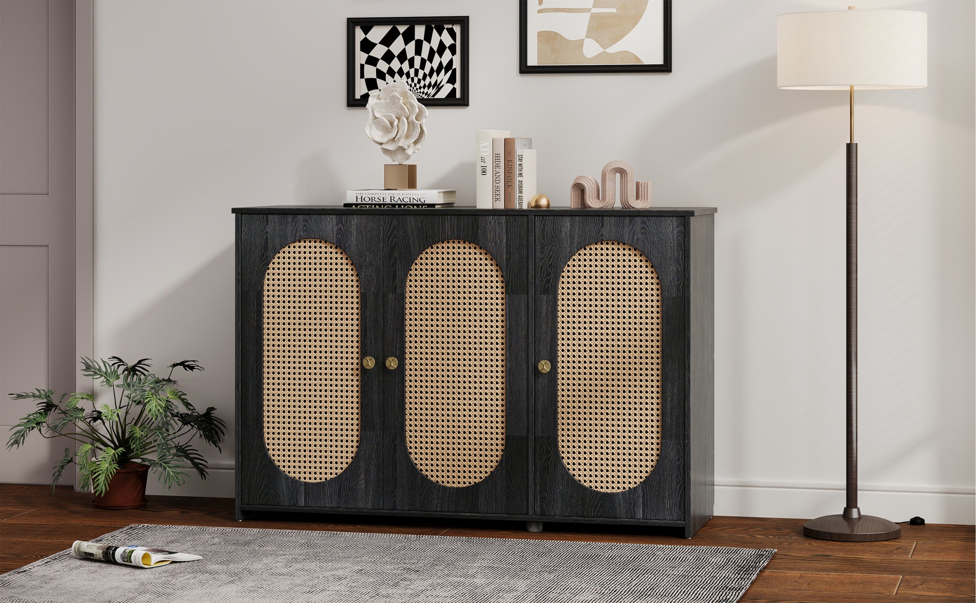 Retro 3 Door Sideboard With Large Storage Space Artificial Rattan Doors And Metal Handles, Accent Cabinet For Living Room And Hallway Antique Black Antique Black Particle Board Mdf