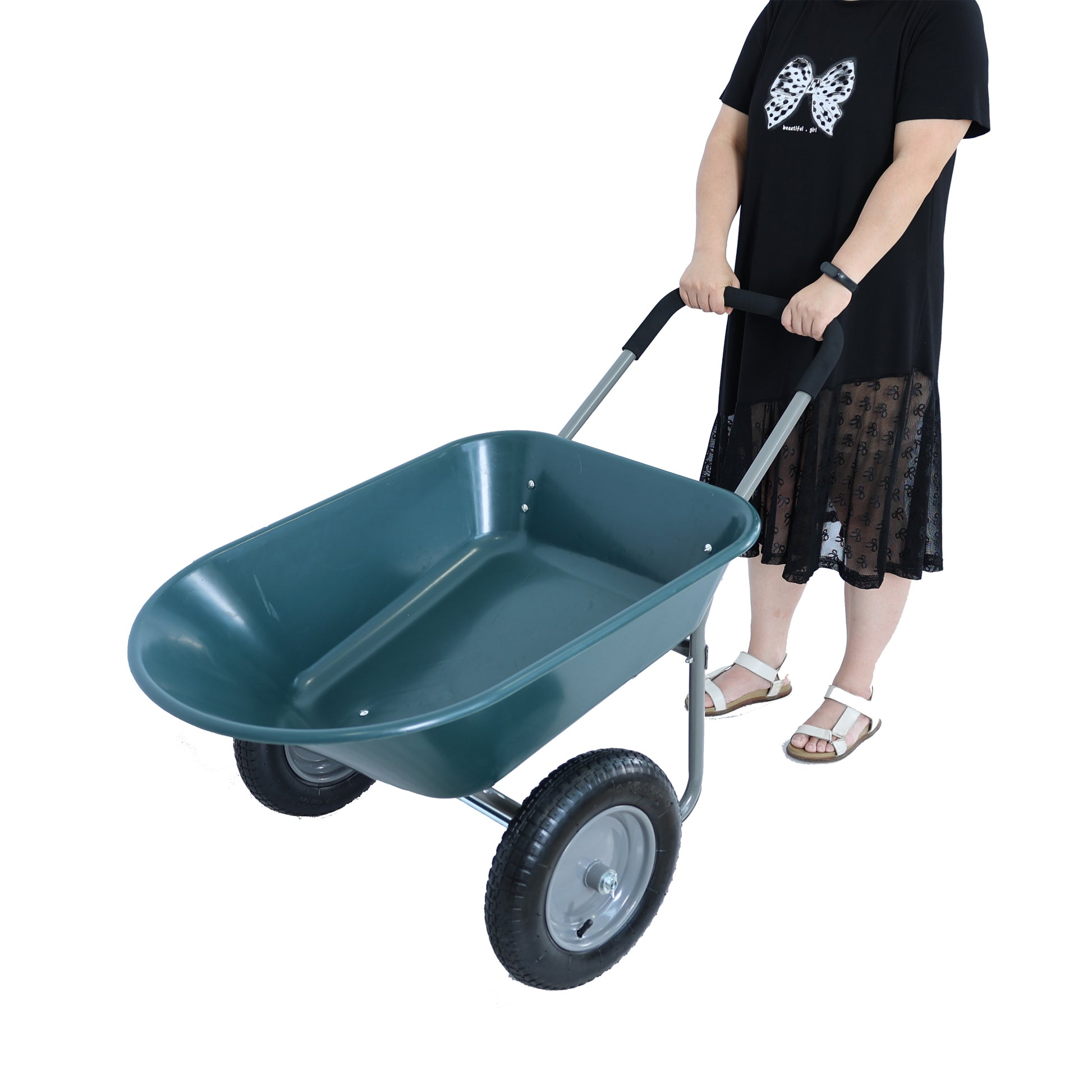 Wheel Barrow Two Wheeled Trolley For Green Garden 15 Inch Pneumatic Wheel Wb1001Gn Green Abs Steel Q235