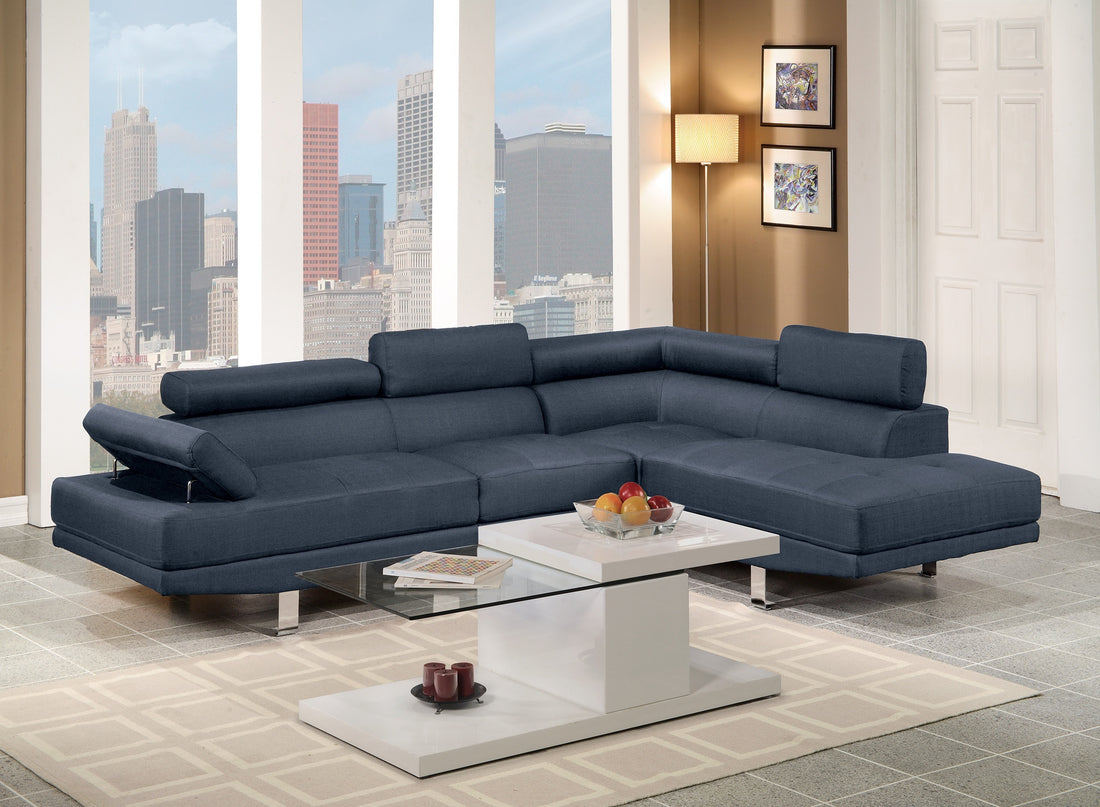 Dark Blue Color Sectional Living Room Furniture Linen Like Fabric Adjustable Headrest Right Facing Chaise & Left Facing Sofa Dark Blue Linen Primary Living Space Classic,Contemporary,Modern L Shaped Pine Pillow Top Arms Metal 5 Seat