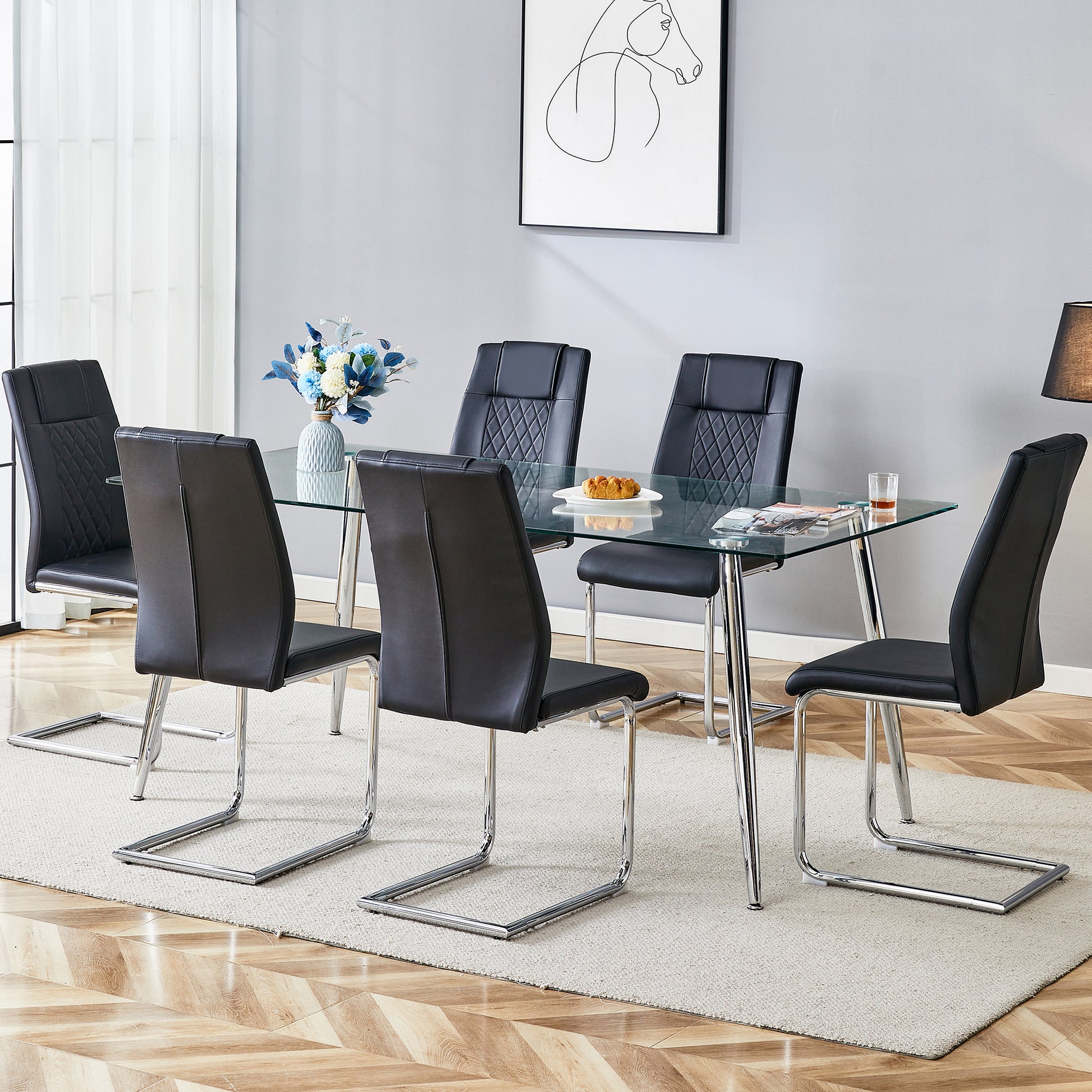 Table And Chair Set.Modern Rectangular Glass Dining Table With A Tempered Glass Tabletop And Silver Metal Legs, Paired With Multiple Chairs Designed With Pu Cushions And Silver Metal Legs. Black Silver Seats 6 Tempered Glass