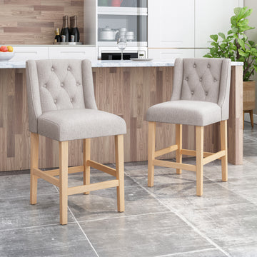 Vienna Contemporary Fabric Tufted Wingback 27 Inch Counter Stools, Set Of 2, Light Gray, Natural Light Grey Natural Fabric