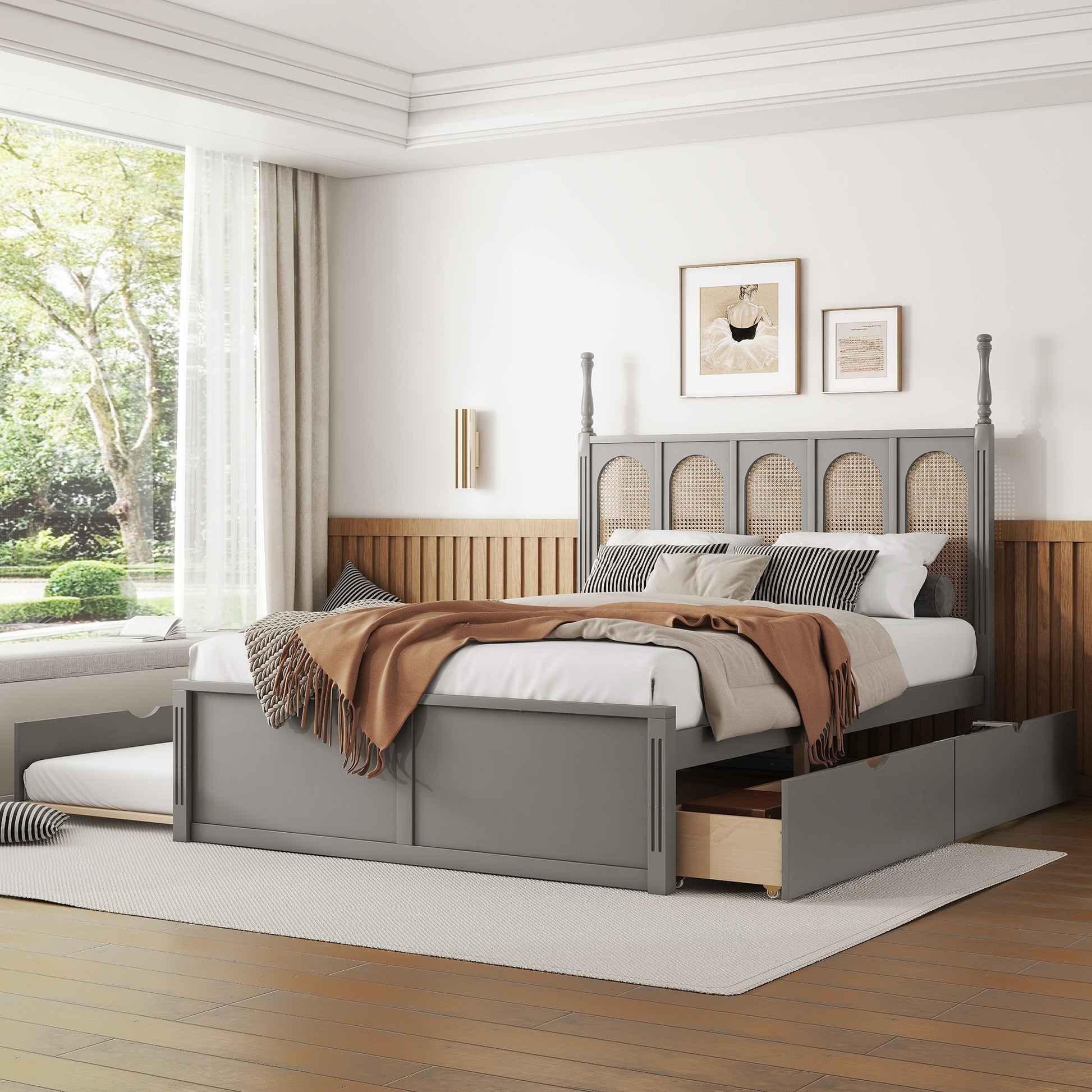 Queen Size Rattan Platform Bed With With 2 Big Drawers, T Size Trundle, Gray Queen Gray Plywood