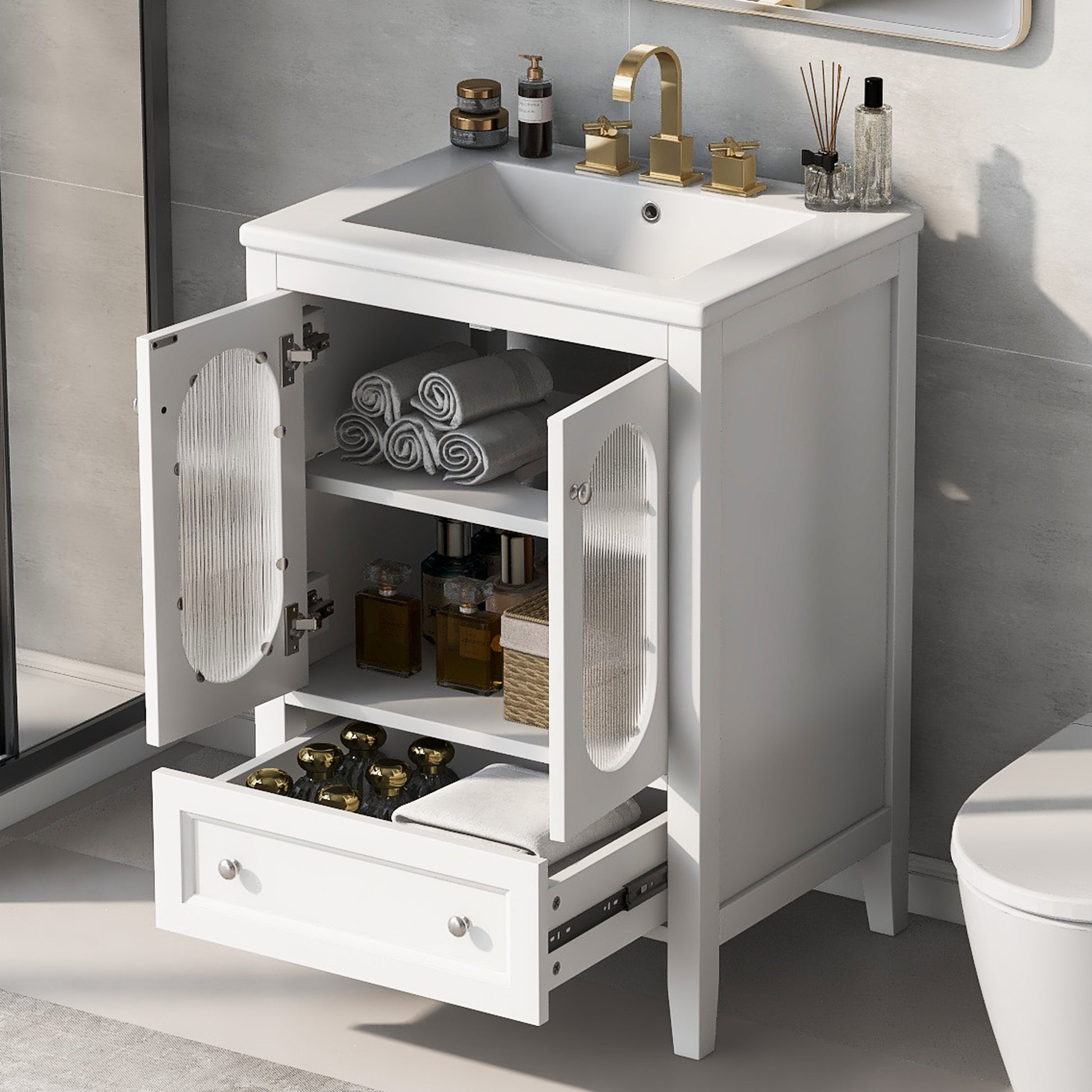 24" Bathroom Vanity With Sink, Bathroom Vanity Cabinet With One Drawer And Doors, Adjustable Shelf, Solid Wood And Mdf, White White Solid Wood Mdf