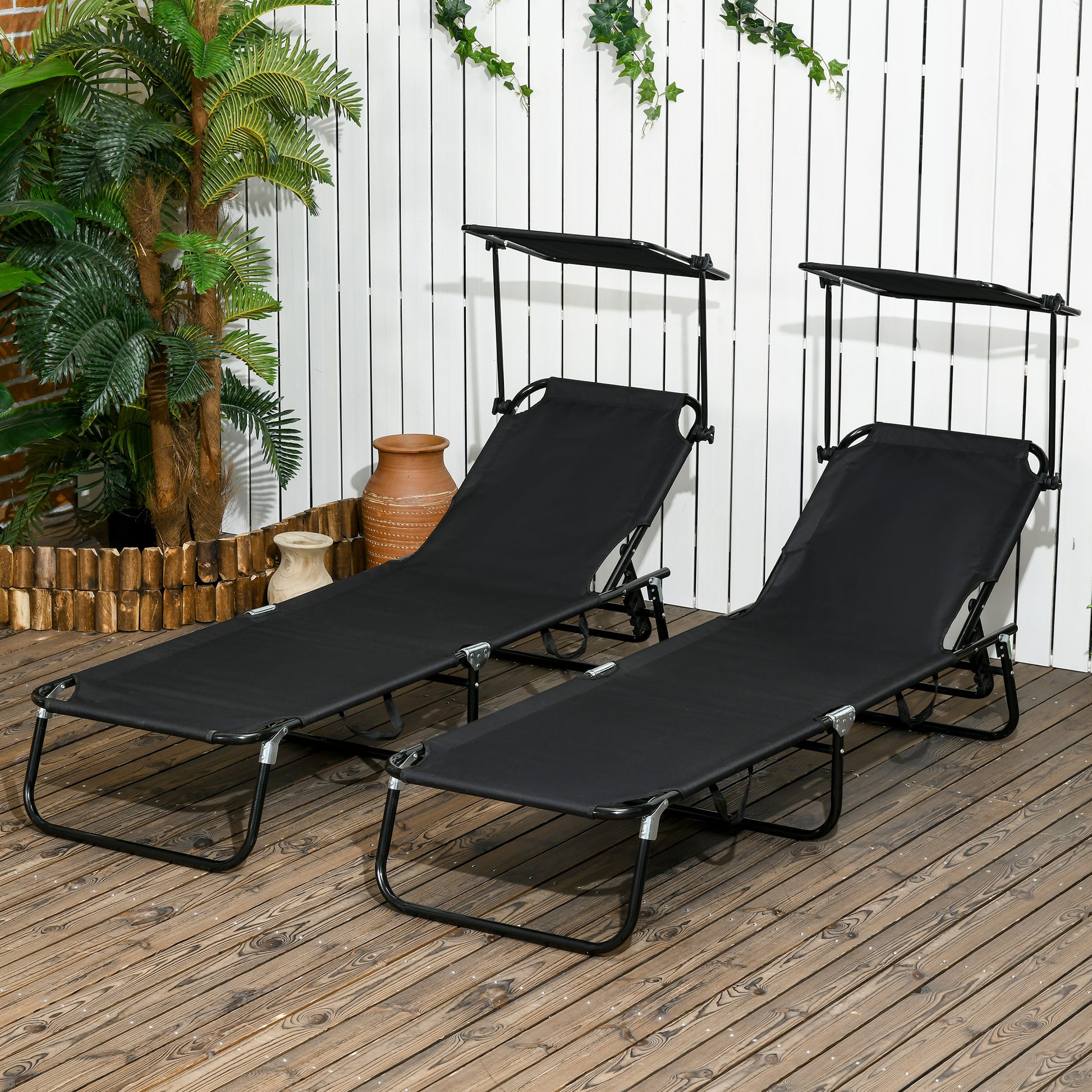 Outsunny Folding Chaise Lounge Pool Chairs, Outdoor Sun Tanning Chairs With Canopy Shade, Reclining Back, Steel Frame And Side Pocket For Beach, Yard, Patio, Black Black Steel