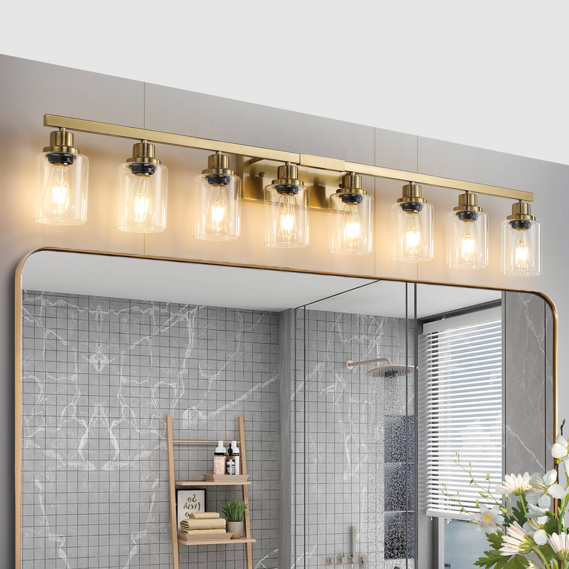 Golden 8 Light Vanity Light With Clear Glass Shades, Modern Iron Metal Bathroom Wall Fixture For Mirror, Ideal For Bathroom And Dressing Table No ... Golden 8 Light Vanity Light With Clear Glass Shades, Modern Iron Metal Bathroom Wall Fixture For Mirror, Ideal For Bathroom And Dressing Table No ...