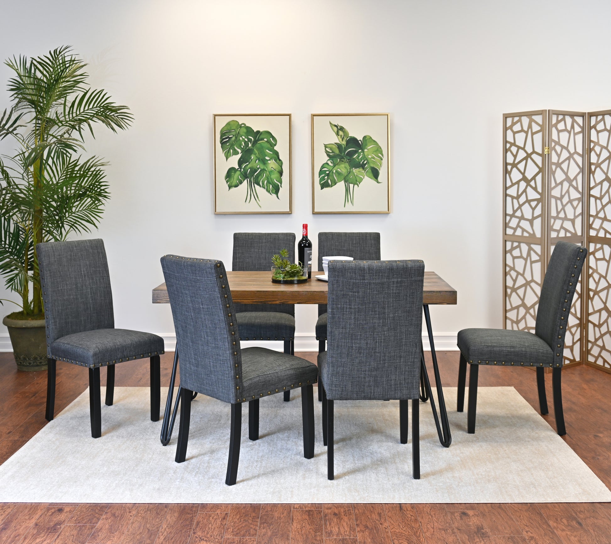 Amisos 7 Piece Dining Set, Hairpin Dining Table With 6 Chairs, 3 Color Options Wood Wood Brown Seats 6 Metal Dining Room Fixed Table Rectangular 4 Leg Rectangular Dining Table With Chair Mdf