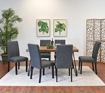 Amisos 7 Piece Dining Set, Hairpin Dining Table With 6 Chairs, 3 Color Options Wood Wood Brown Seats 6 Metal Dining Room Fixed Table Rectangular 4 Leg Rectangular Dining Table With Chair Mdf