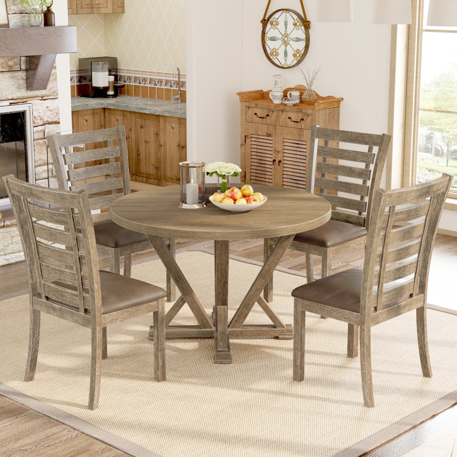 5Pcs Table Set Round Dining Table Solid Wood Modern Farmhouse Rustic Look Distressed Look Wood Grayish Brown Ladder Back Seats 4 Light Brown Dining Room Fixed Table American Design,Farmhouse,French Country,Rustic,Vintage Rubberwood Round Round Dining