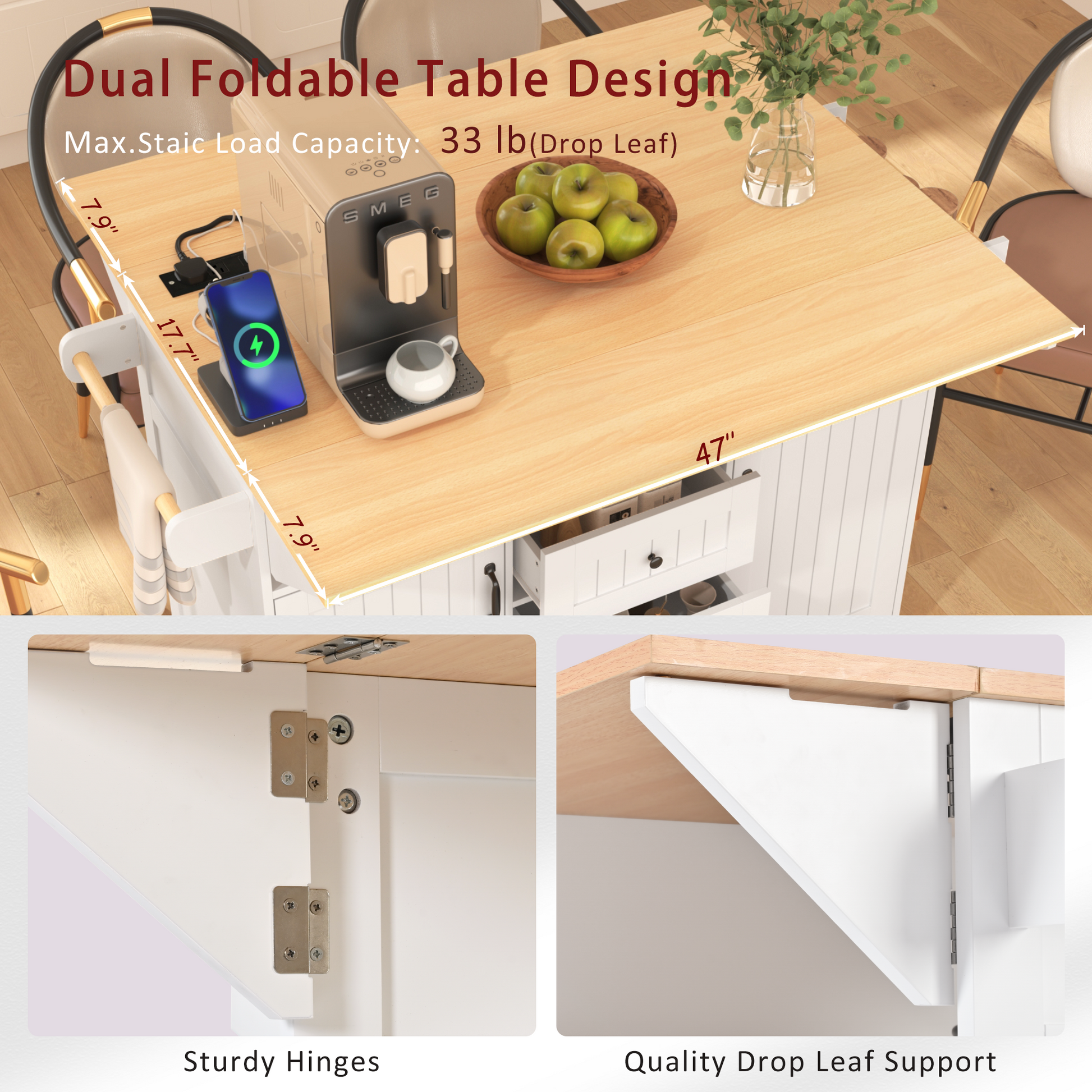 K&K 55.7'' Large Kitchen Island With 2 Drop Leaf, Rolling Kitchen Cart On 5 Wheels With Power Outlet, Folding Storage Dining Table With Spice & Towel Rack3 Drawers, For Kitchen, Dining Room,White White White Kitchen Classic,Farmhouse,Luxury,Modern