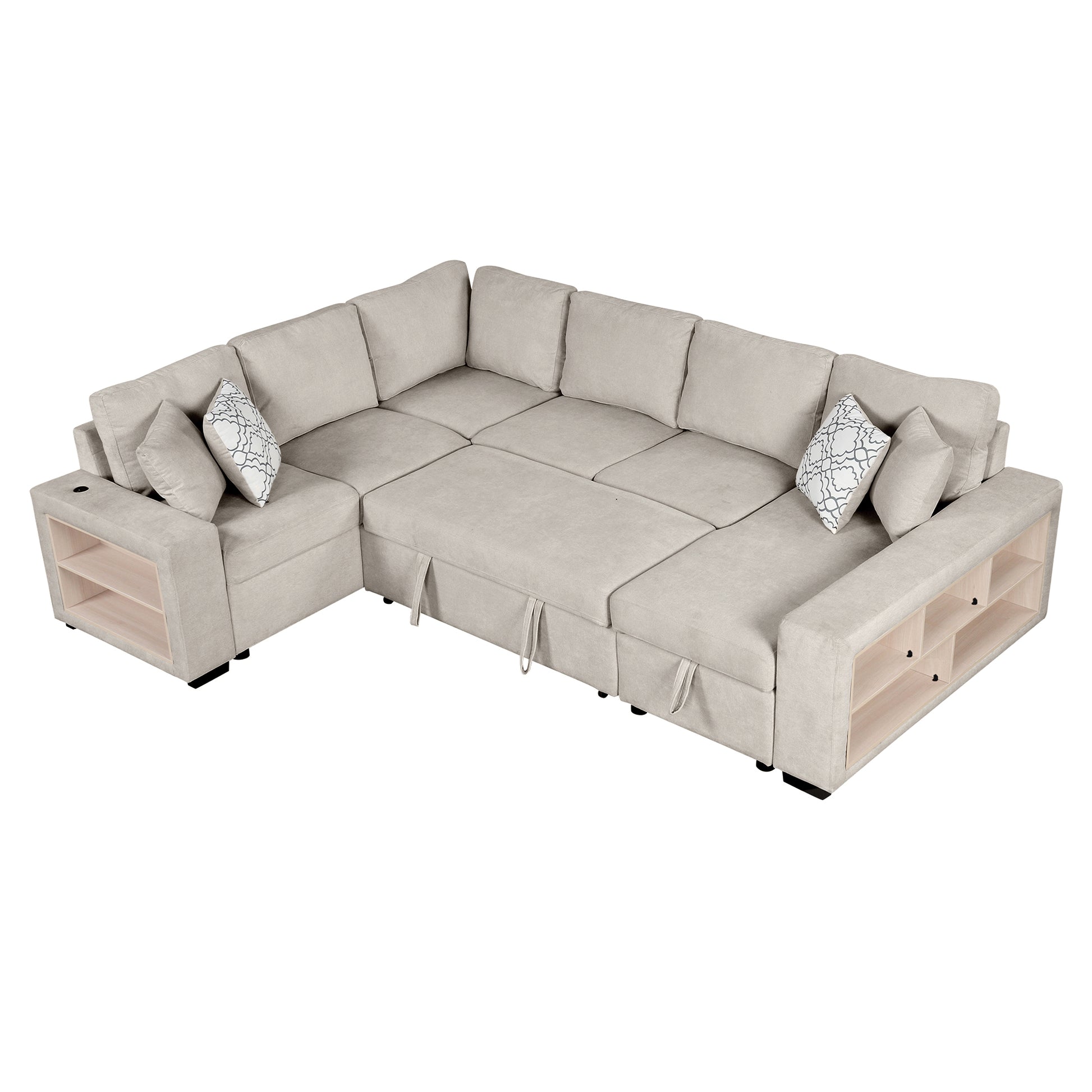 109" U Shaped Sectional Sofa Pull Out Sofa Bed With Two Usb Ports, A Storage Chaise Lounge And Four Back Pillows For Living Room, Beige Beige Foam Chenille 5 Seat