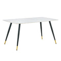 Modern Minimalist Dining Table. White Imitation Marble Pattern Sintered Stone Desktop With Black Metal Legs.62.2