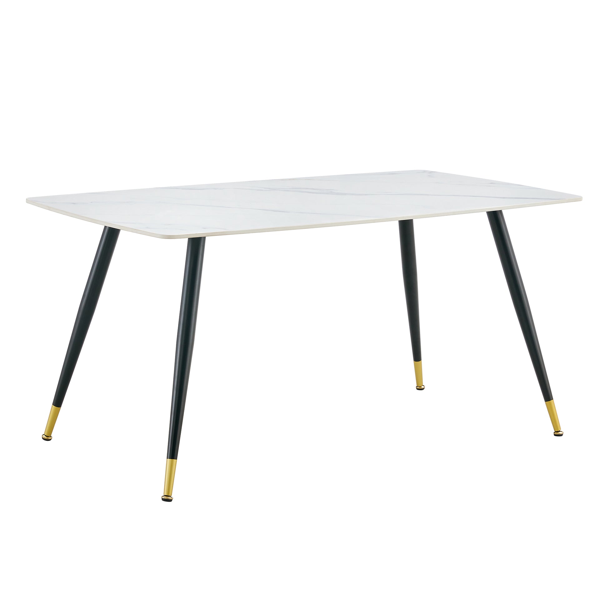 Modern Minimalist Dining Table. White Imitation Marble Pattern Sintered Stone Desktop With Black Metal Legs.62.2"*34.6"*30" F 001 Black Gold Sintered Stone