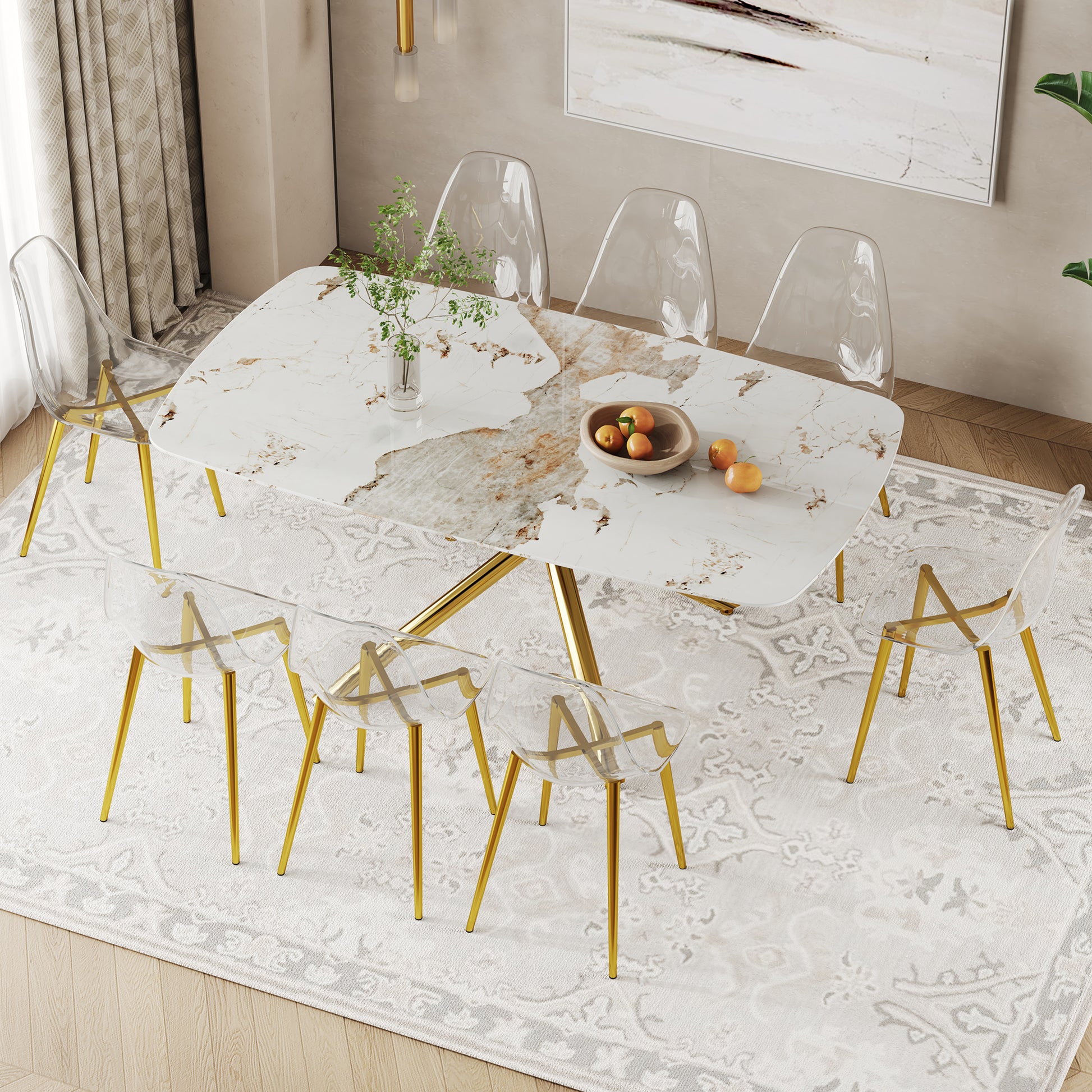 Table And Chair Set.Modern Luxurious White Marble Patterned Tempered Glass Dining Table Set With Transparent Pp Chairs.8 Transparent High Quality Pp Dining Chairs With Golden Legs. White Gold Seats