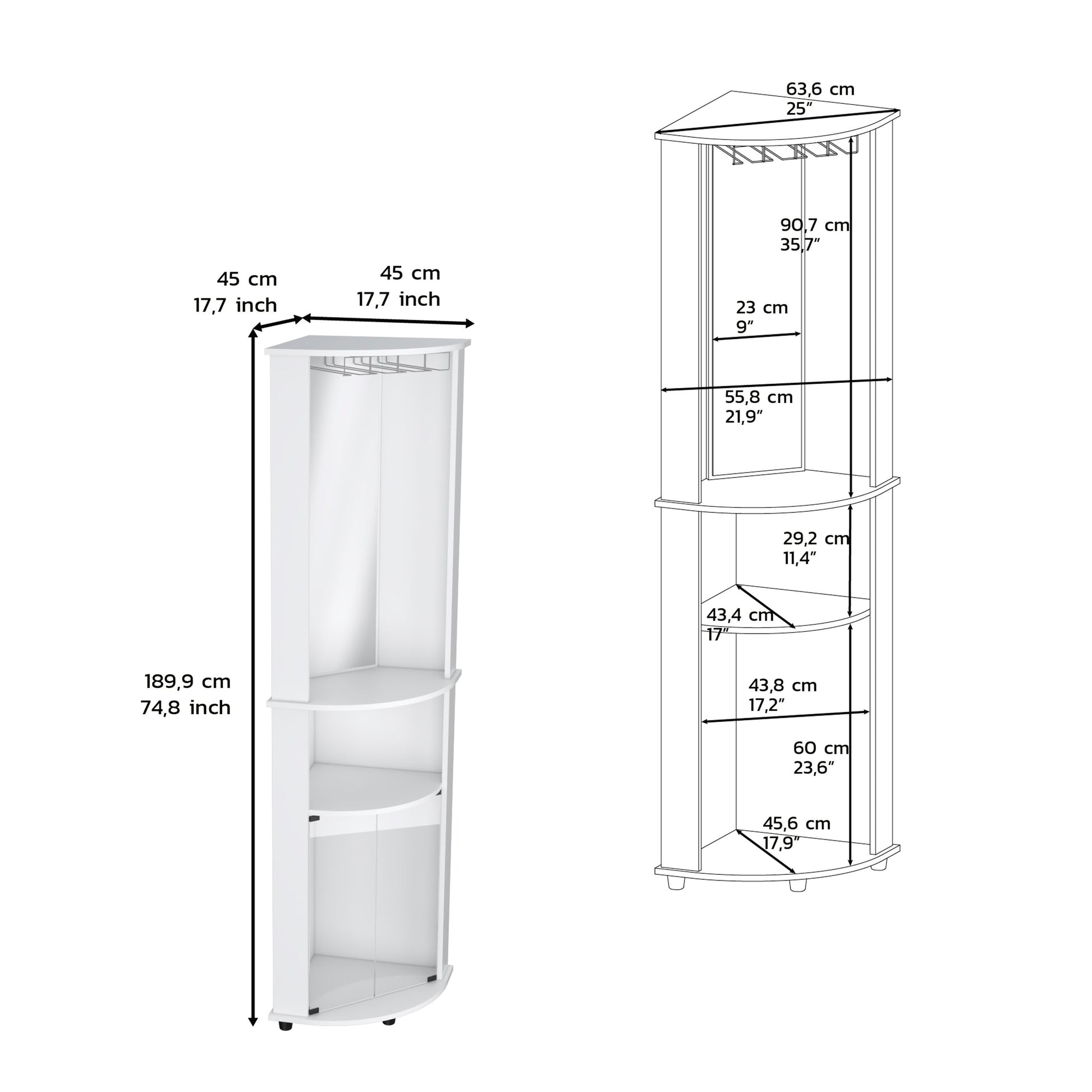 Corner Bar Cabinet Unit With Wine Glass Rack And Lower Cabinet, White White Solid Wood Mdf Engineered Wood