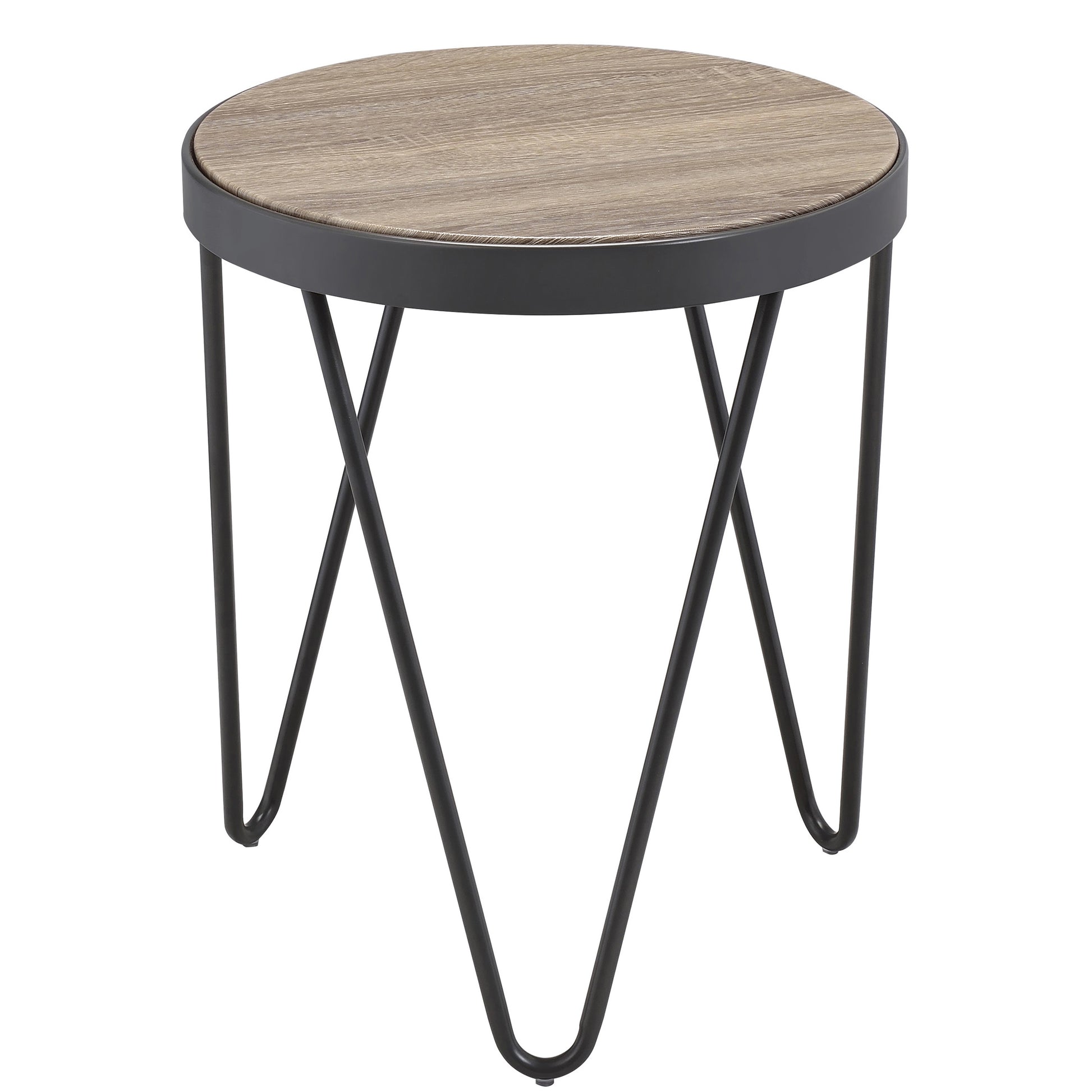 Weathered Grey Oak And Black End Table Oak Primary Living Space Industrial Round Wood Metal Sled