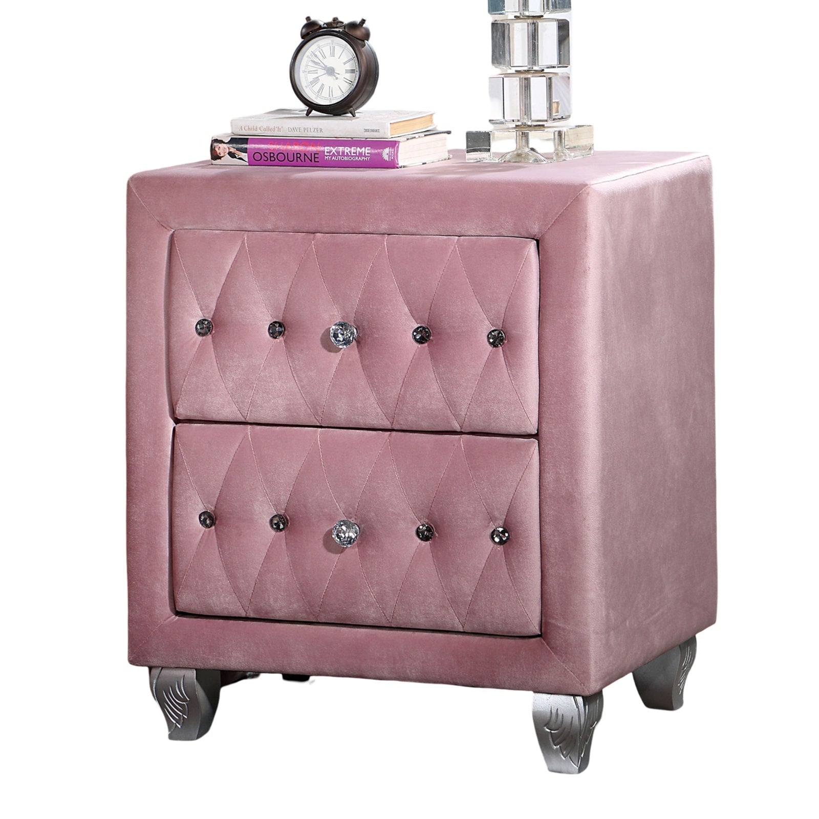 Beautiful Pink Color 1Pc Nightstand Bedroom Furniture Bedside Table Crystal Like Acrylic Knob 2 Drawers Storage Pink 2 Drawers Bedroom Bedside Cabinet Contemporary,Glam,Modern Easy Assembly Solid Wood,Velvet