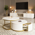 Modern Round Nesting Coffee Table Fluted With Drawer In White & Gold In 31.5'' Golden White Drawers Coffee & End Tables Glossy Round Metal Mdf Pedestal