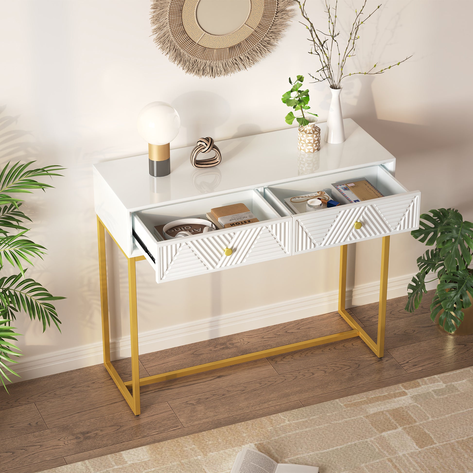 Modern Sleek Console Table Two Drawers With Stripe Design For Living Room And Entryway White White Mdf