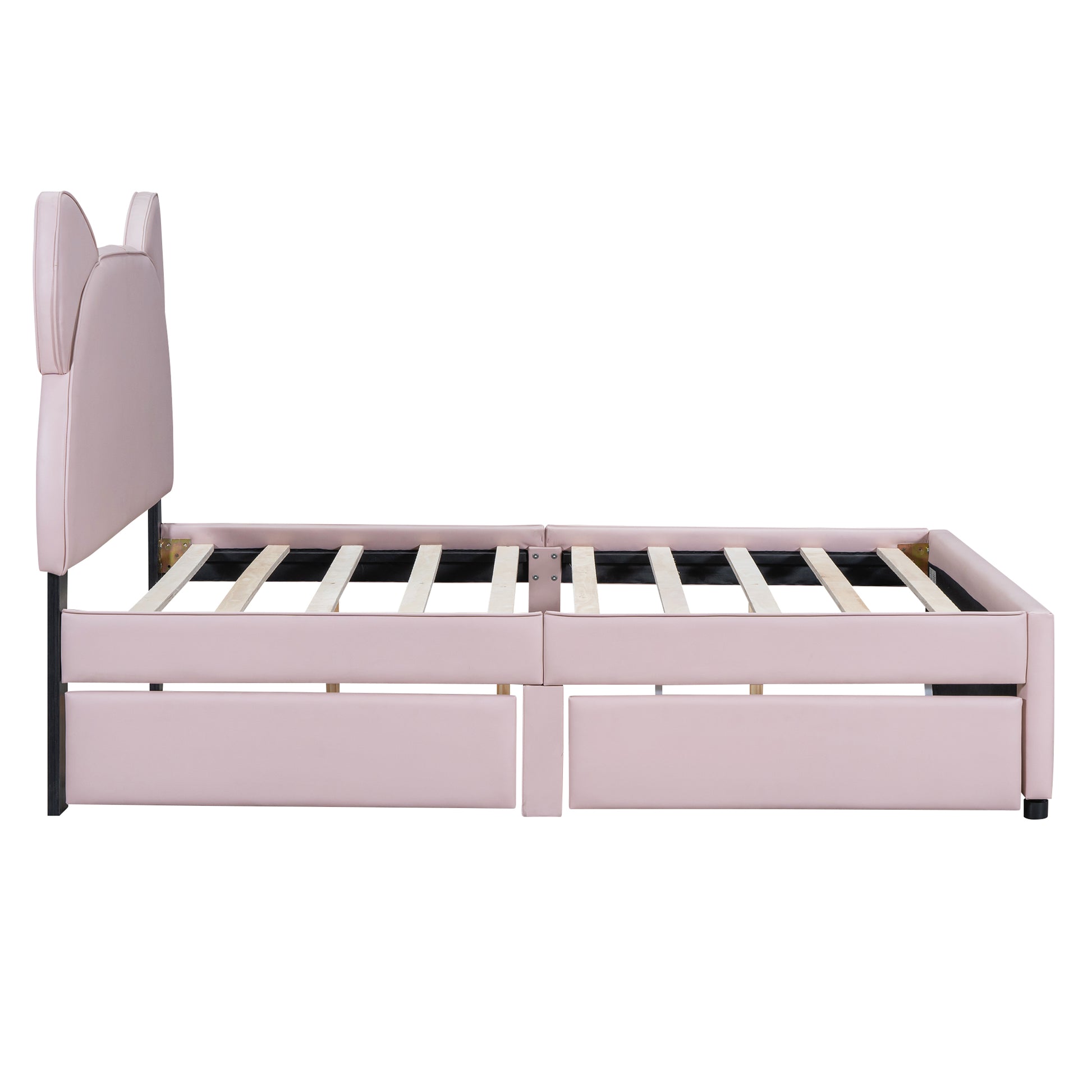 Full Size Upholstered Platform Bed With Cartoon Ears Shaped Headboard And 2 Drawers, Pink Box Spring Not Required Full Pink Wood Bedroom Bed Frame Faux Leather Upholstered