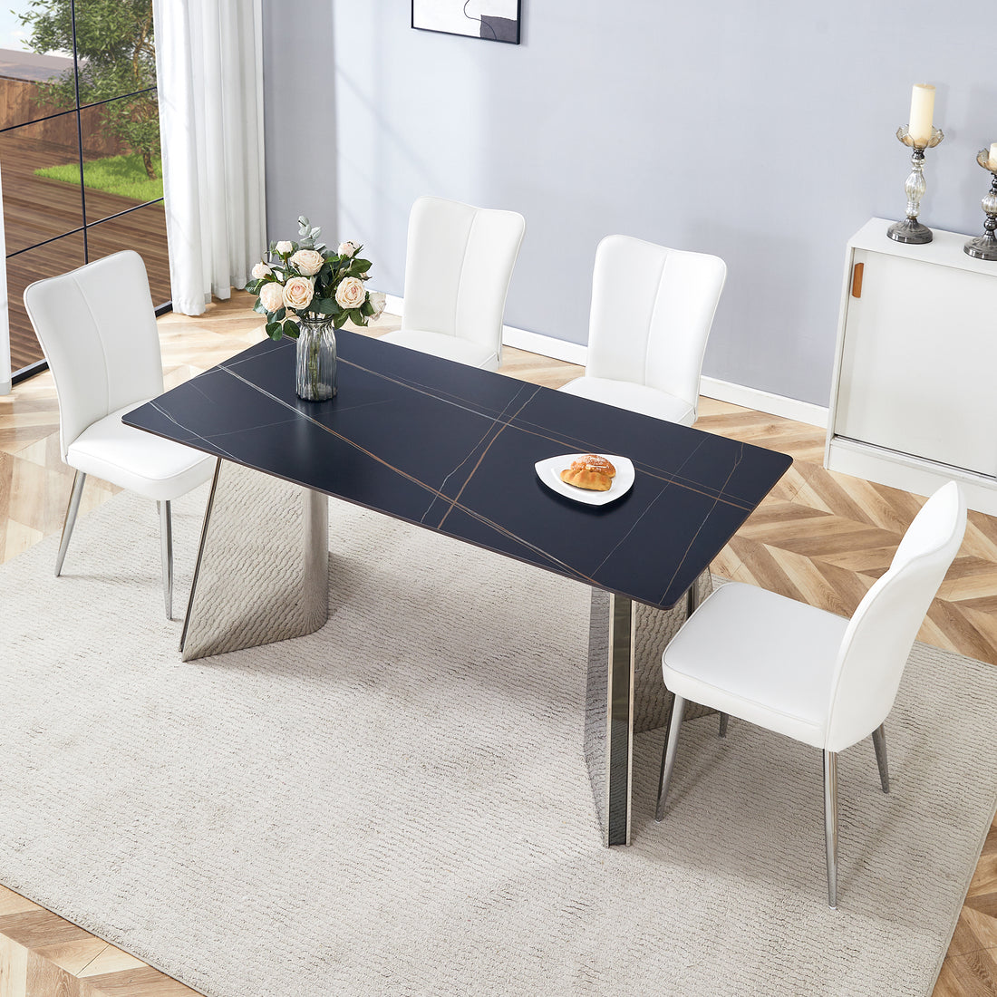 Table And Chair Set.63"X31.5X30" Black Marble Patterned Slabs Tabletop With Stainless Steel Butterfly Legs.Paired With 4 White Pu Dining Chairs With A Vertical Stripe Design On The Backrest. White