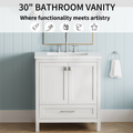 30 Inch Freestanding Bathroom Vanity With Sink, Carrara Engineered Marble Vanity Top With Undermounted Rectangular Ceramic Sink, Large Storage Soft Close Door, White 24V03 30Wh White Wood Solid Wood