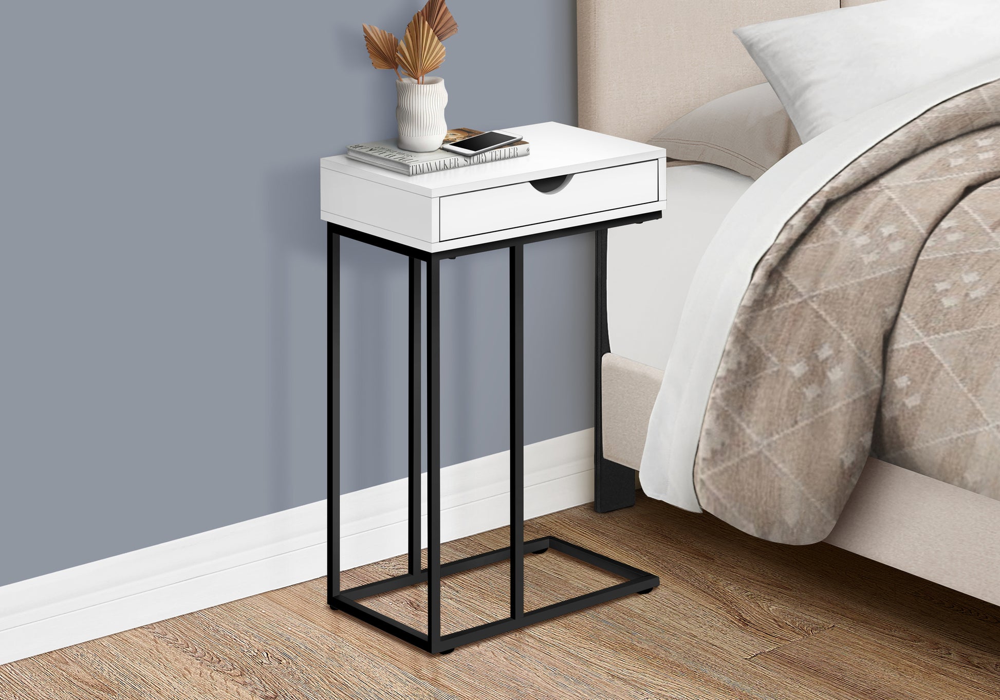 Accent Table, C Shaped, End, Side, Snack, Storage Drawer, Living Room, Bedroom, White Laminate, Black Metal, Contemporary, Modern White Particle Board