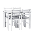 5Pcs Stylish Dining Table Set 4 Upholstered Chairs With Ladder Back Design For Dining Room Kitchen Gray Cushion White Antique White Rubber Wood