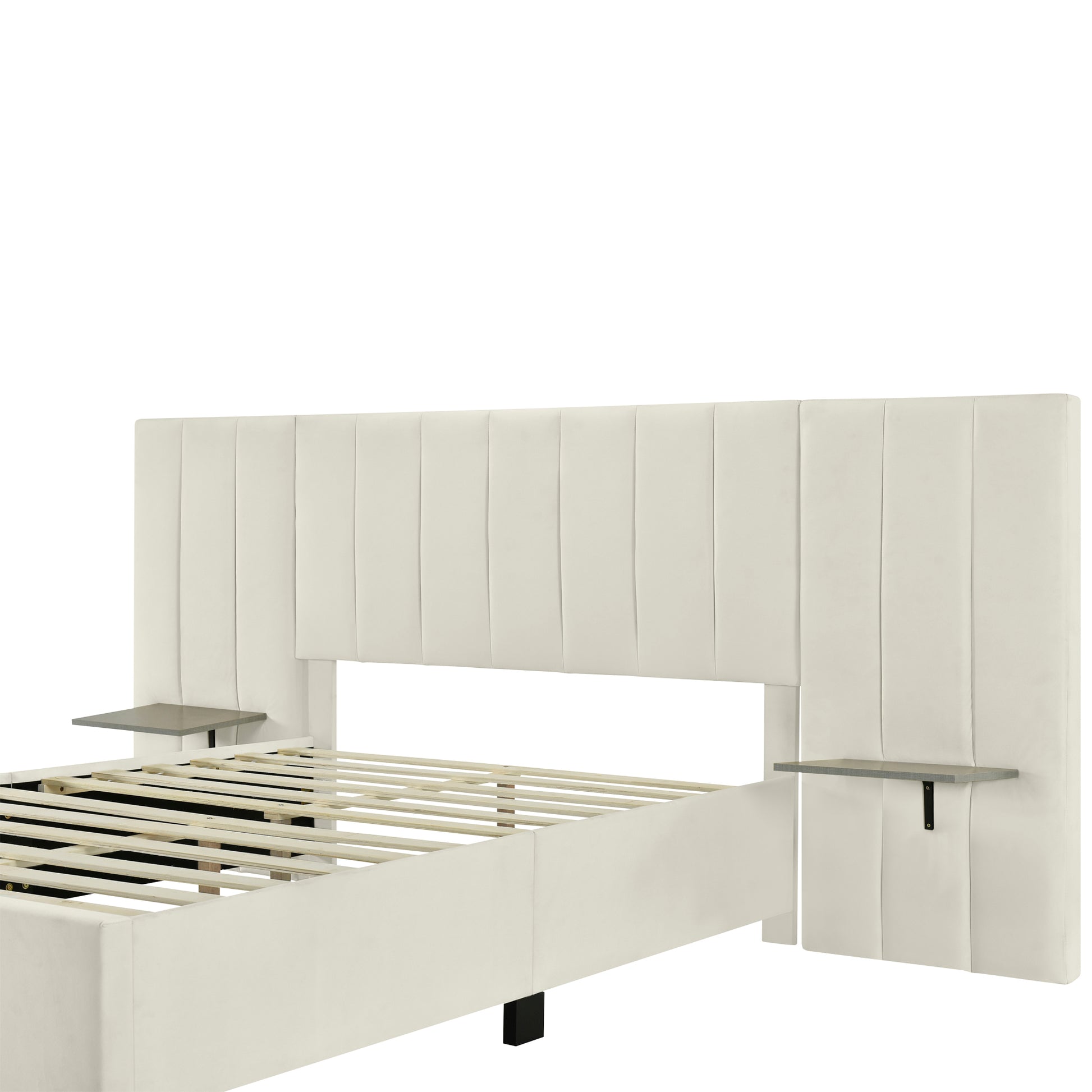 Full Size Upholstered Platform Bed With Big Headboard, Bedroom Furniture, Velvet, Beige Full Beige Plywood
