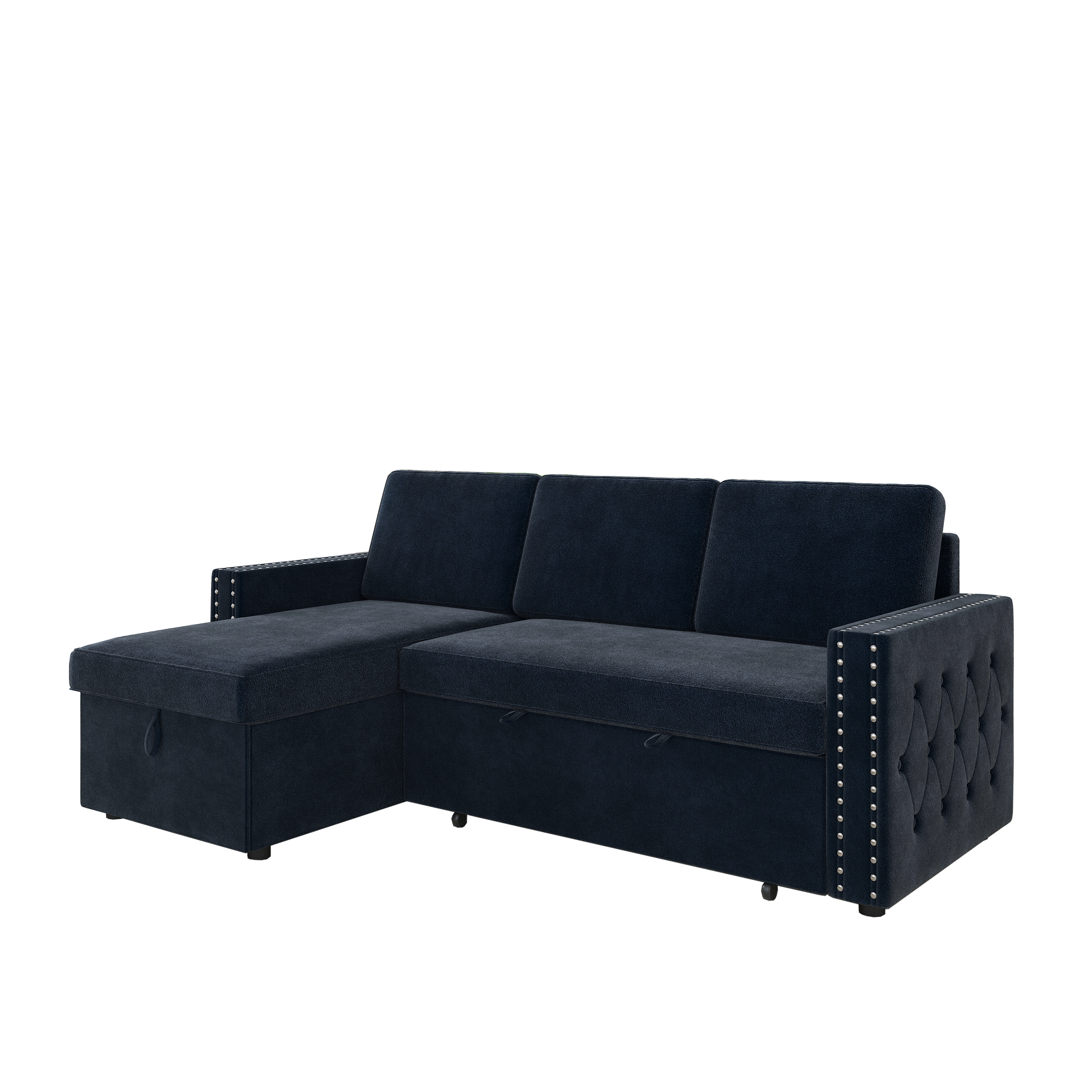 85 Inches Sofa Bed, 3 Seater Sleeper Sofa With Storage Chaise, Square Handrail With Pull And Copper Nail,Chenille, Pull Out Couch For Living Room Blue Chenille 3 Seat