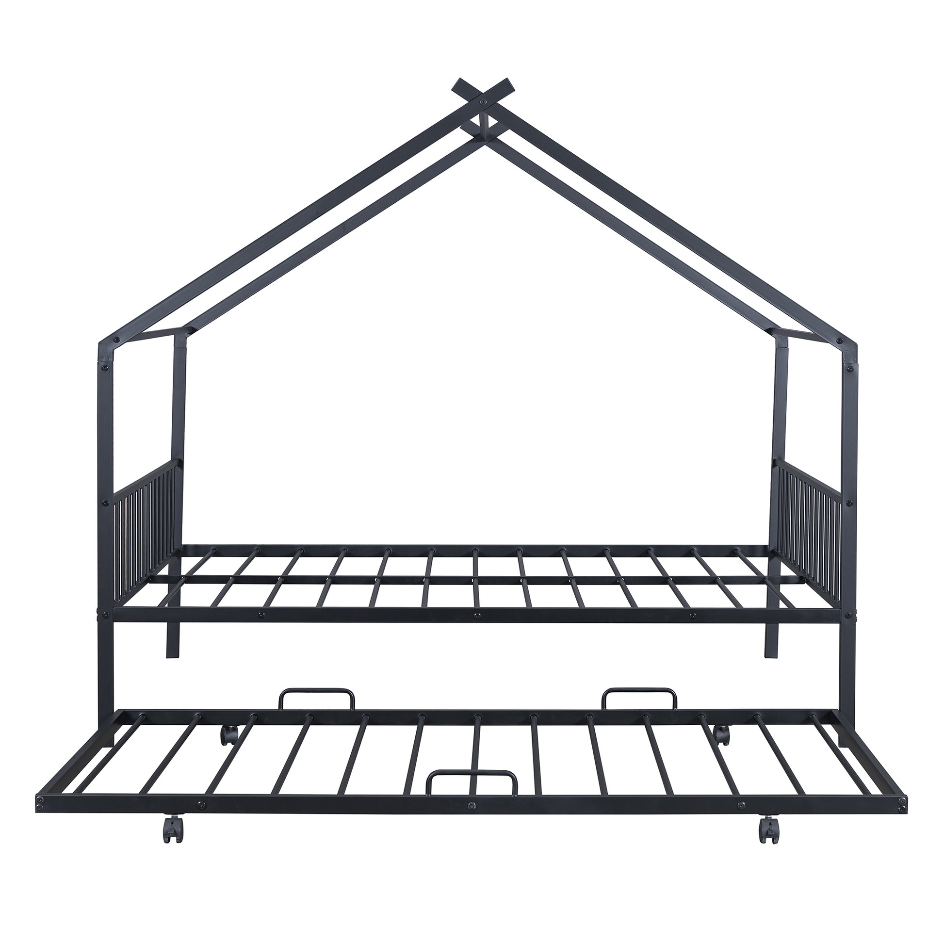 Full Size Metal House Bed With Twin Size Trundle, Black Full Black Metal