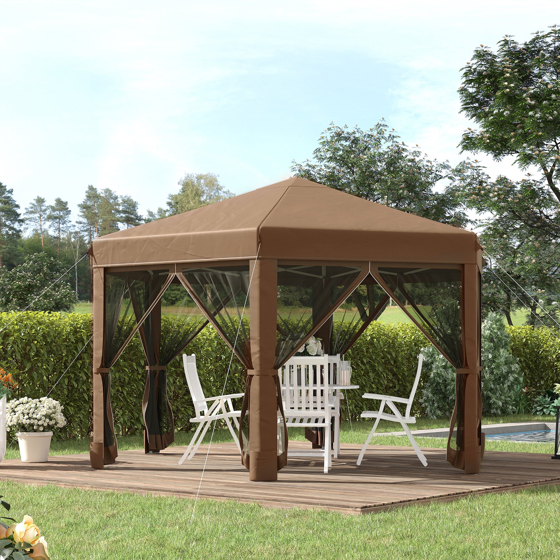 Outsunny 13' X 11' Hexagonal Pop Up Gazebo, Heavy Duty Outdoor Canopy Tent With 6 Mesh Sidewall Netting, 3 Level Adjustable Height And Strong Steel Frame, Brown Dark Brown Steel