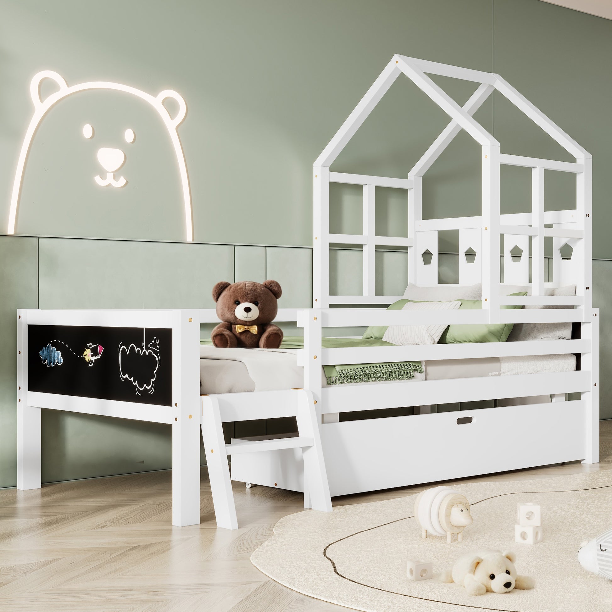 Twin Size House Bed With Ladder And Storage Drawers For Kid Bedroom,Solid Wood Platfrom Bedframe With 2 Blackboard Design, No Box Spring Needed, White Twin White Partice Board Mdf Pine Wood