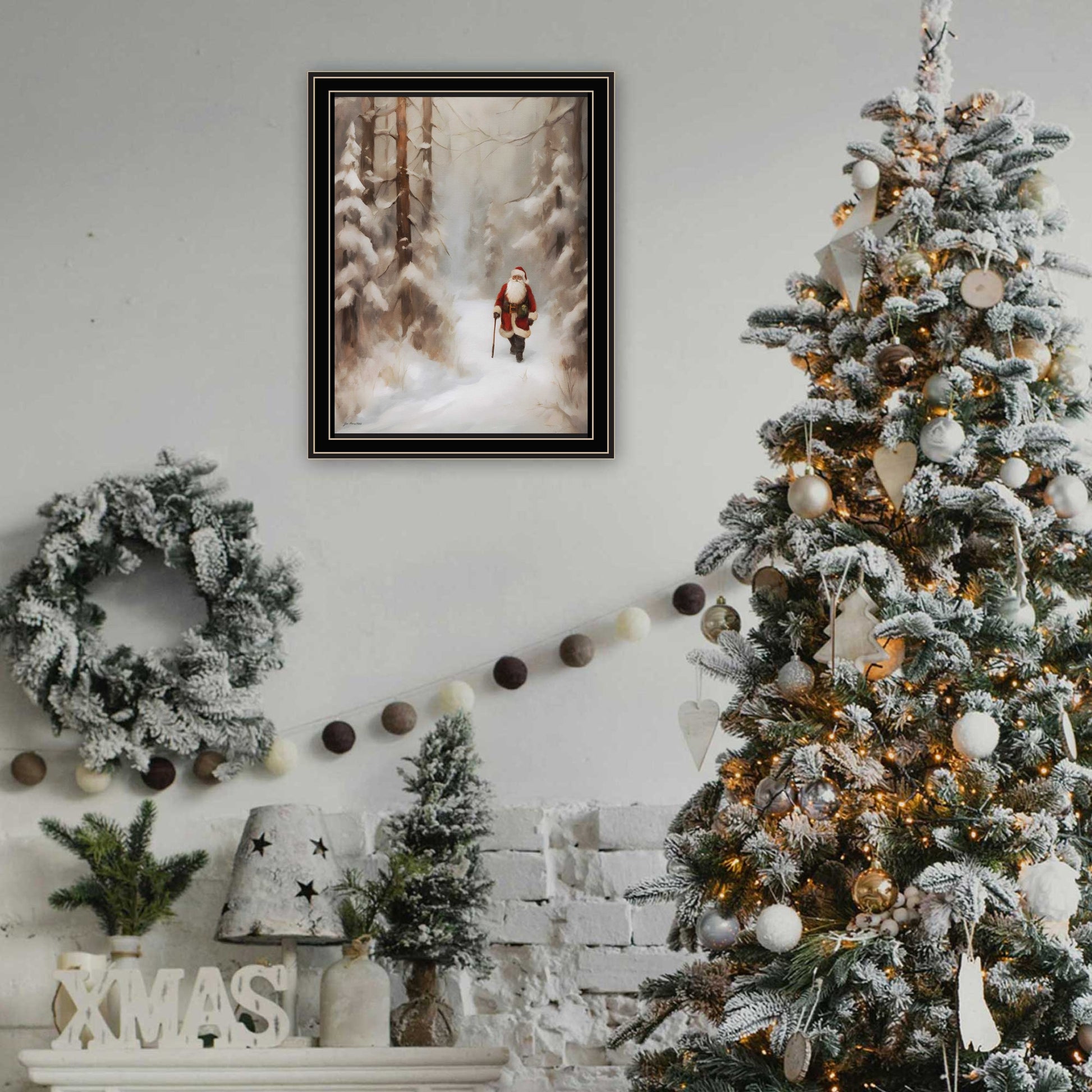 Santa'S Winter Stroll Black Framed Wall Art For Living Room, Holiday Wall Art Print For Home Decor, Bedroom Wall Art By Jo Moulton Multicolor Wood Paper