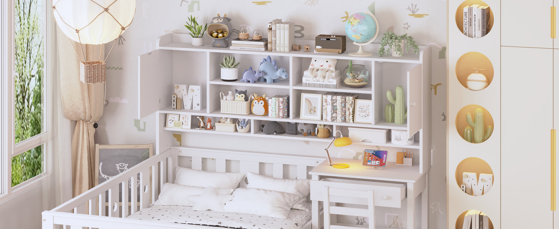 Twin Size Multifunctional Wood Platform Bed With Bookshelf At The Head Of The Bed, Built In Desk And Matching Chair, White Twin White Wood