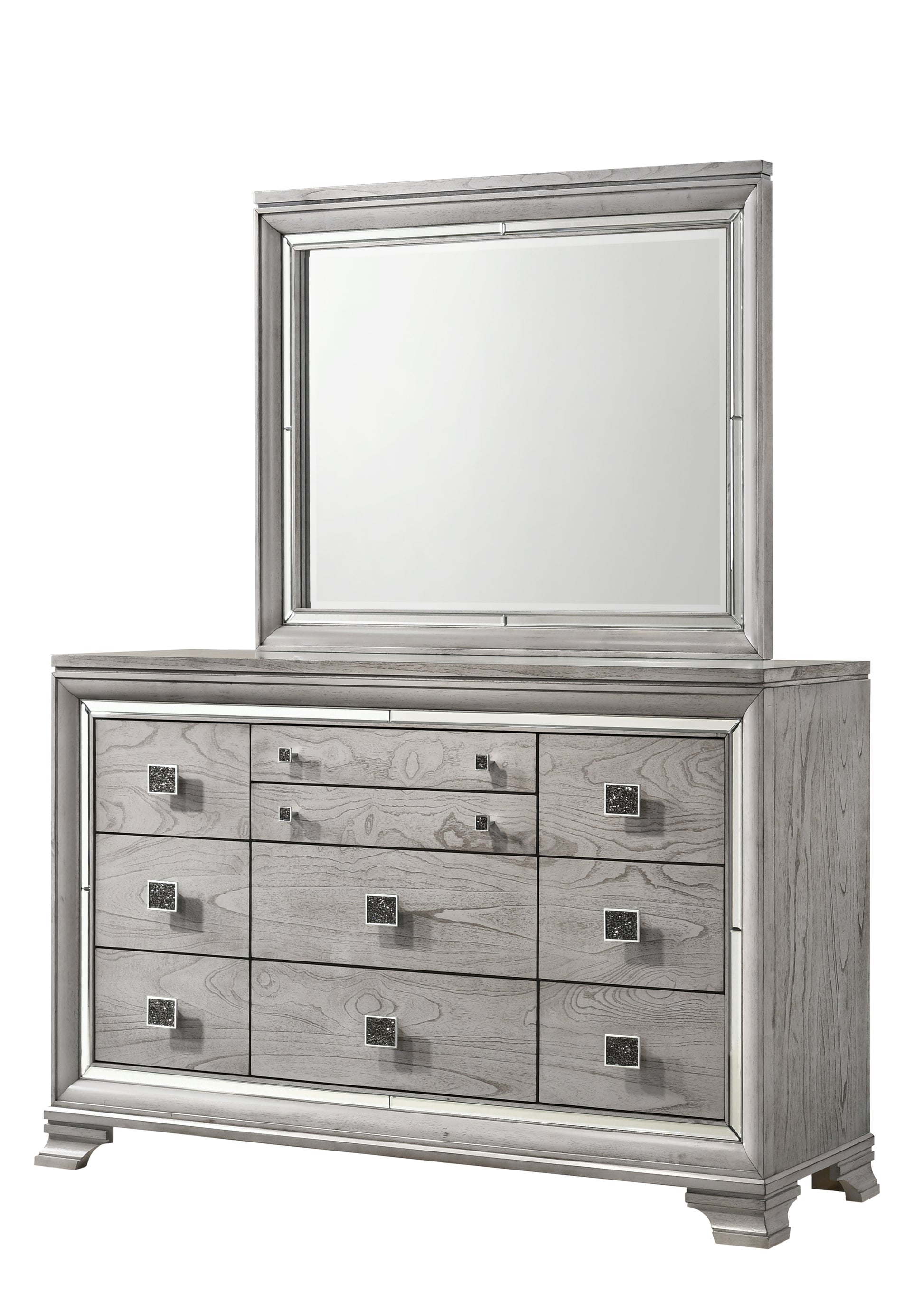 Contemporary 1Pc Light Gray Brown Finish 6 Storage Drawer Dresser Jewelry Tray Mirrored Accents Beautiful Solid Wood Wooden Bedroom Furniture Light Grey Bedroom Contemporary Solid Wood