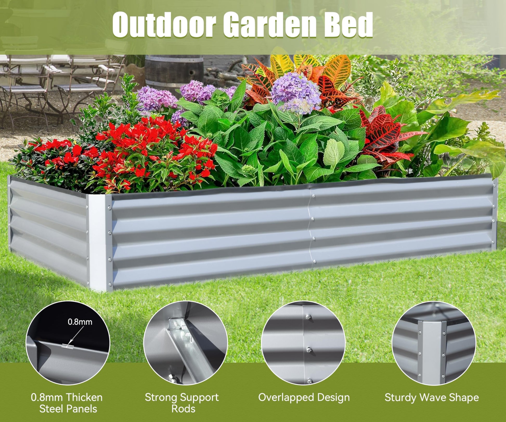 8X4X1 Ft Galvanized Raised Garden Bed, Outdoor Planter Garden Boxes Large Metal Planter Box For Gardening Vegetables Fruits Flowers, Silver Silver Garden & Outdoor Steel