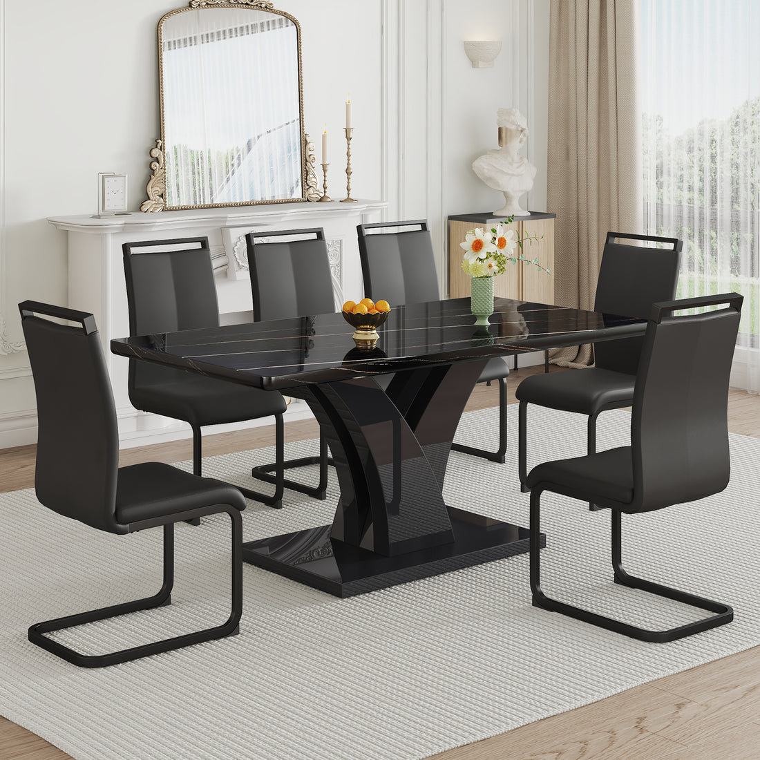 Table And Chair Set, Modern Dining Table, Black Tabletop And Black Mdf Leg Table, Soft And Comfortable Dining Chair, Perfect For Dinner, Meetings, Home And Office Decor Black Mdf