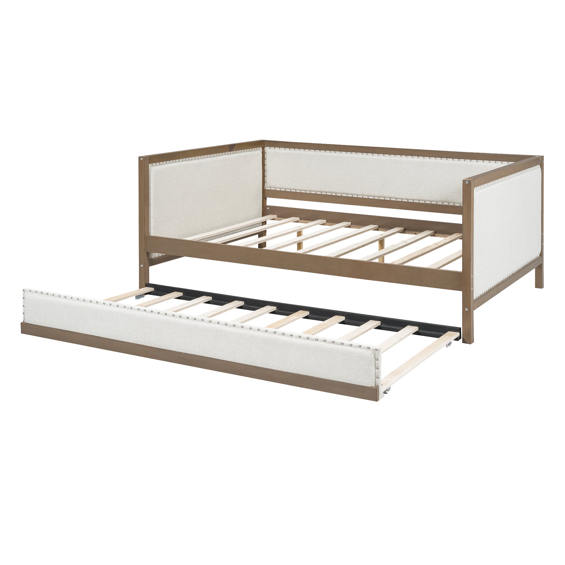 Full Size Upholstered Daybed With Trundle And Decoration, Wood Color Box Spring Not Required Full Wood Wood Daybeds Linen Upholstered