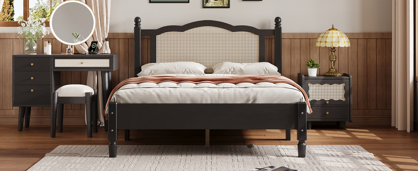 Full Size Wooden Platform Bed With Natural Rattan Headboard, Vintage Bed Frame With Wooden Slat Support, Black Box Spring Not Required Full Black Wood