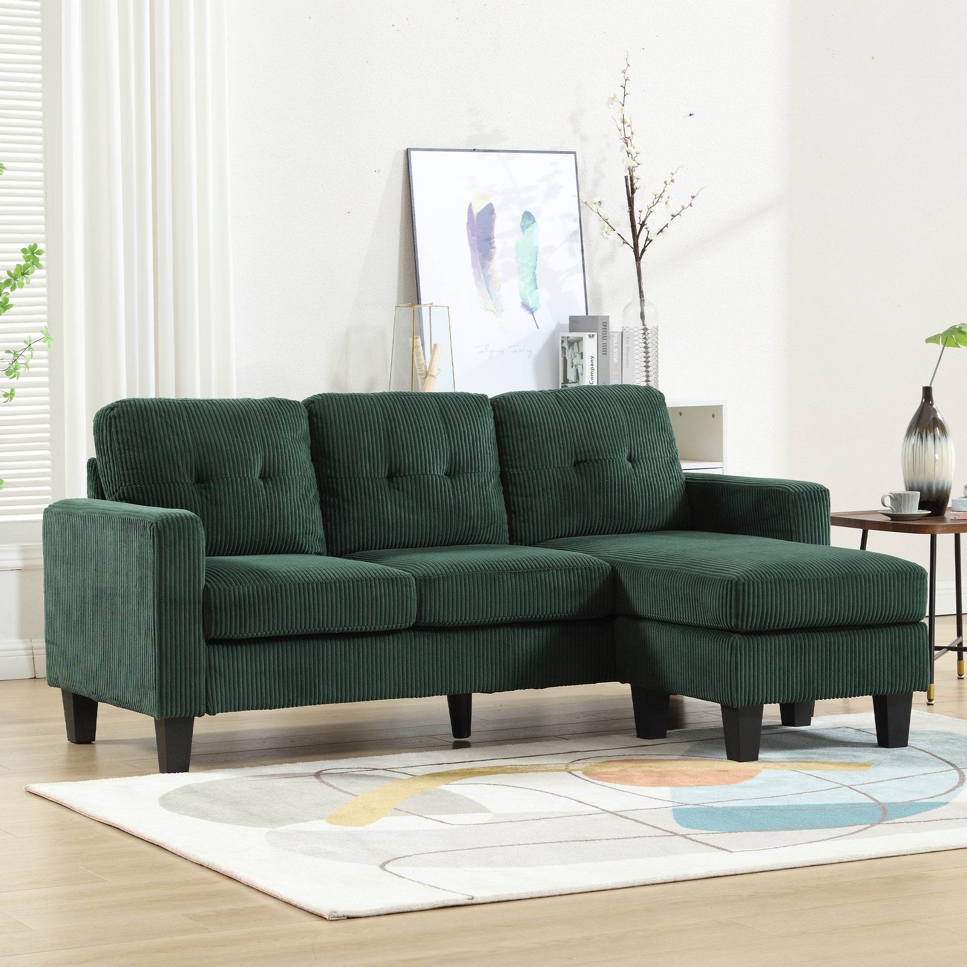 Velvet Sectional Couchl Shaped Sofa With Ottoman For Small Apartment Emerald Velvet 3 Seat