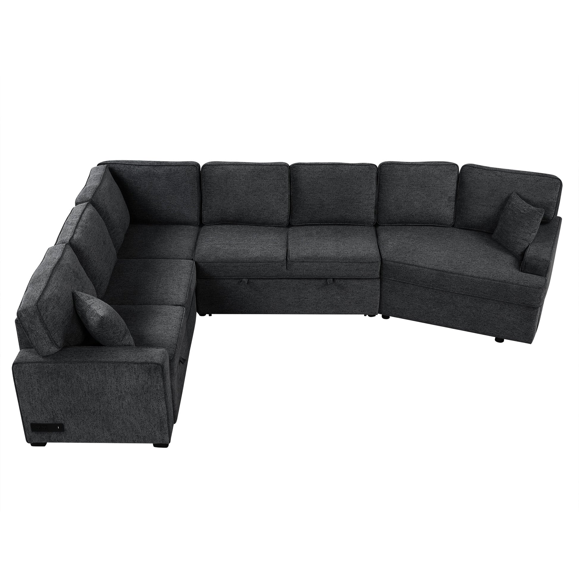 126" L Shaped Sofa Sectional Sofa Couch Pull Out Sofa Bed With Charging Devices And Cup Holders For Living Room, Blue Black Black Blue Foam Chenille 6 Seat