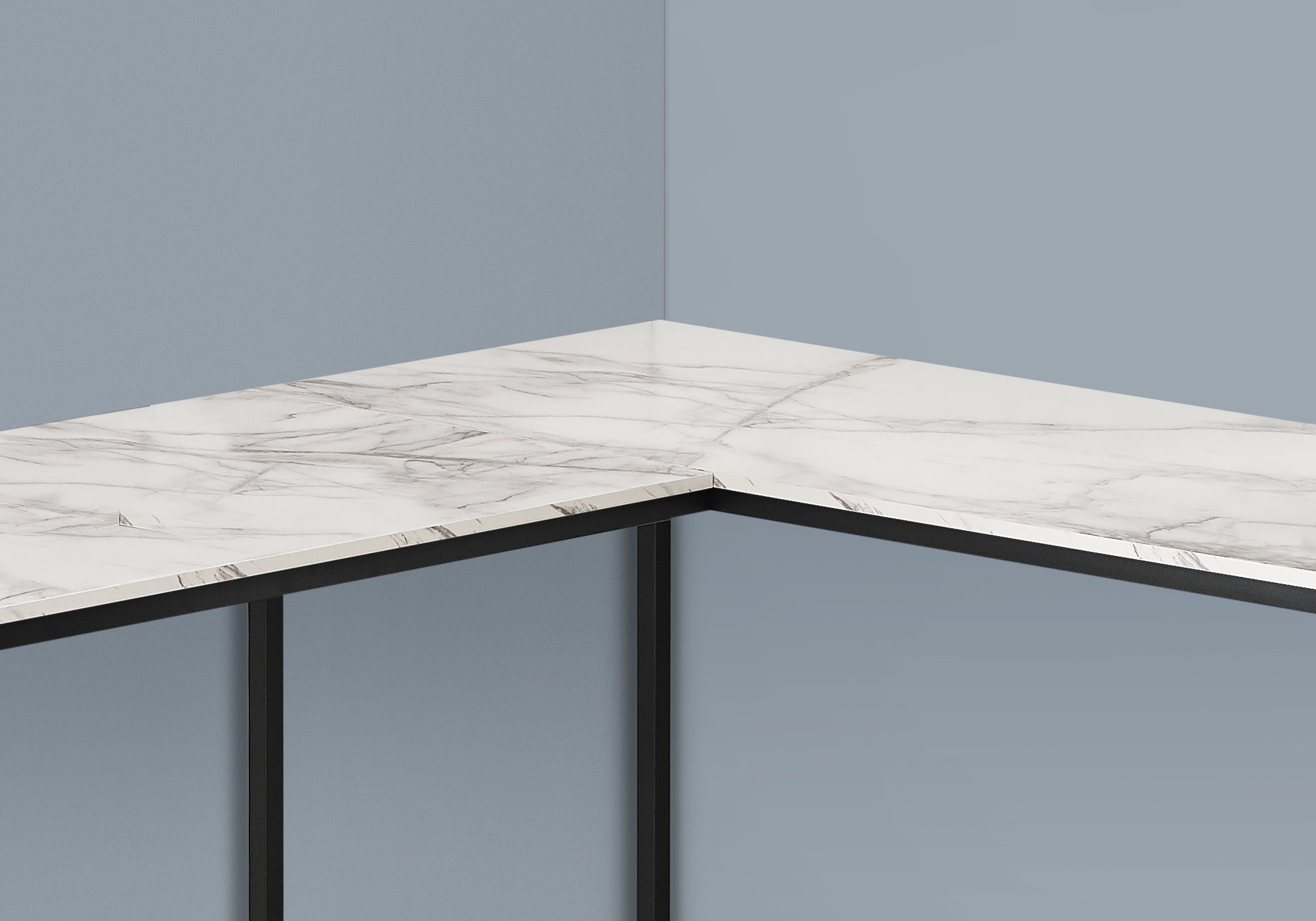 Computer Desk, Home Office, Corner, 58"L, L Shape, Work, Laptop, White Marble Look Laminate, Black Metal, Contemporary, Modern White Particle Board