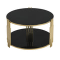 Modern Black Mirror Coffee Table, Asymmetrical Metal, Circular Metal Drum Base, Gold Finish & Lower Shelf Black Tempered Glass