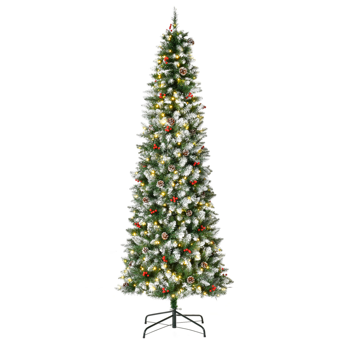 Homcom 7.5Ft Pre Lit Snow Dipped Artificial Christmas Tree With Realistic Branches, 350 Led Lights, Pine Cones, Red Berries And 1075 Tips Green Pvc